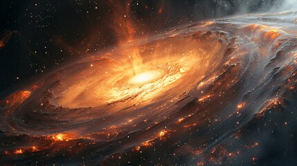 Wall Mural - A celestial display of light orange cosmos with cosmic voids and a black hole, set against a dark backdrop.