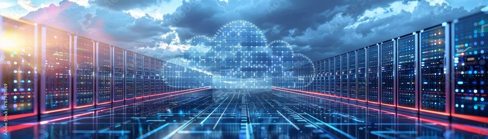 High tech cloud computing setup in a data center, with servers and ...