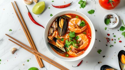 Wall Mural - Top view of bowl with tomato thailand soup Tom Yam, tasty shrimps, mussels, shiitake mushrooms, lime, chili and wooden