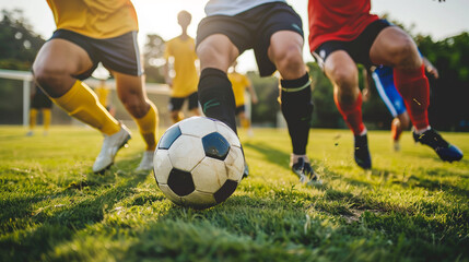 Legs of a team of soccer players playing soccer. 