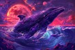 Surreal ocean scene with majestic whale and vibrant full moon