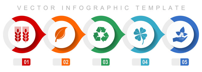 Wall Mural - Agriculture flat design infographic template, miscellaneous symbols such as wheat, leaf, recycling, clover and seedling, vector icons collection