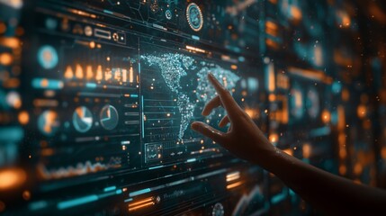 Wall Mural - futuristic interface control with world map visualization