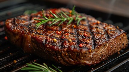 Wall Mural - Plate with delicious grilled steak on table, closeup. Space for text