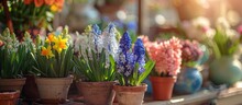 In A Greek Flower Shop During Springtime, There Are Festive Arrangements Of Blooming Plants Like Hyacinths, Daffodils, Mint, And Kalanchoe.