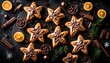 Christmas Star Twisted Bread with chocolate cream. Black background. top view
