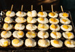 fried quail eggs as a background.