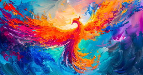 Wall Mural - An abstract painting phoenix colorful feather background, 4K Desktop wallpaper