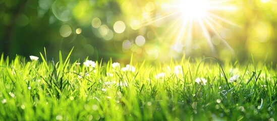 Close-up of green summer grass meadow with bright sunlight, depicting a sunny spring background.