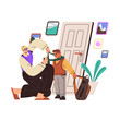 Parent helps student to get ready to school. Mother tying tie to boy. Child stands, waits when mom prepares his uniform. Mum sends kid to study. Flat isolated vector illustration on white background