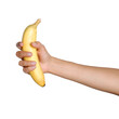 Female hand holding a fresh banana isolated on transparent layered background.
