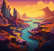 Illustration. Bright fantastic landscape. Mountains, canyon, caves. Lego style