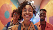 © BONI - Three black friends front, greeting, smiling face, corridor blurred background, real,super wide angle,full body,first-person view --ar 16:9 Job ID: ab4349fc-5db5-4118-987c-d1c2b73547bd