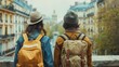 Young travelers with backpacks gaze at city sights, their excitement palpable and journey ahead bright