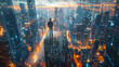 A man stands in the middle of a city at night. The city is lit up with bright lights, creating a futuristic and mysterious atmosphere. The man is looking up at the sky