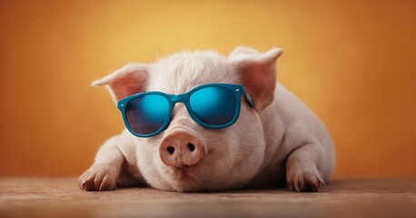 a pig wearing sunglasses on a brown background

