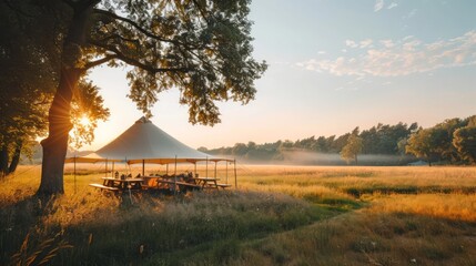 Wall Mural - A large tent is set up in a field with a tree in the background. The tent is surrounded by a few tables and chairs. The scene is peaceful and serene, with the sun shining brightly in the background