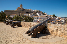 Cannons Along The Old Historic Fortress Wall, Ibiza, Balearic Islands, Spain