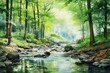 Capture a close-up shot of a lush green forest, showcasing its universal vitality in vibrant hues through watercolor