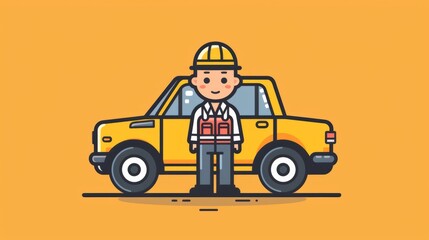 Wall Mural - A cartoon man standing next to a car with yellow background, AI