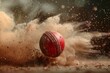 Red cricket ball in motion with dust exploding around it, Cricket sport background, Generative AI