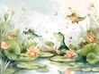 Whimsical Watercolor Scene with Adorable Woodland Creatures in Vibrant Floral Pond Landscape