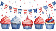 4th of July cupcakes and USA flags on a white background. Independence Day card. 