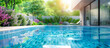 © Menganga - modern Home swimming pool on terrace and in vibrant garden banner concept background