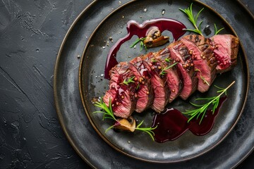 bbq aged venison steak with potato mushroom terrine and cowberry sauce on plate