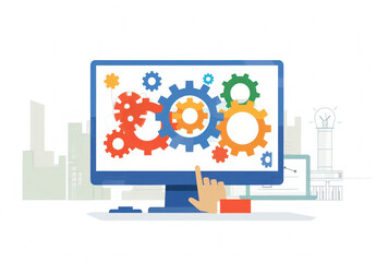 Illustration of a hand pointing at a computer screen with gears and cogs on it