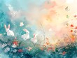 Whimsical Watercolor Wonderland with Frolicking Woodland Creatures Amid Blooming Flowers and a Soft Pastel Sky