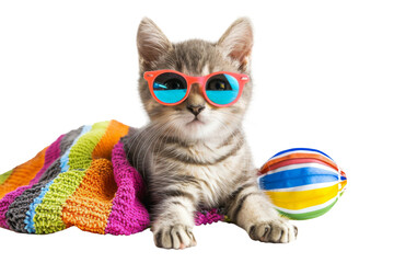 Wall Mural - Happy smile kitty Cat wearing sunglasses with summer season costume isolated on background, pets summer, lovely cat, holiday vacation.