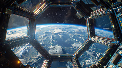 Wall Mural - a view of earth with its blue glow from the window of a space station 