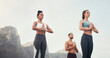 © peopleimages.com - Yoga, namaste and group outdoor for fitness, mindfulness and peace on sky mockup space. Prayer hands, class and calm people in nature together for exercise, zen or wellness for healthy body in summer