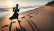 A dark figure runs along the beach leaving skeletal footprints in the sand.