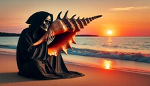 The Grim Reaper Sits On A Beach At Sunset, Listening To A Seashell