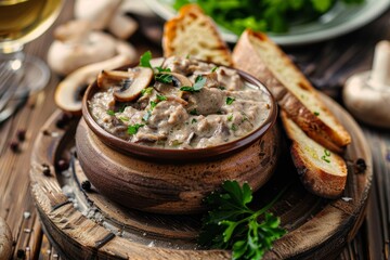 Canvas Print - Chicken liver pate with mushrooms coriander and baguette