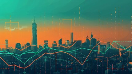 Cityscape with a glowing orange sky and teal and orange line graph in the foreground.