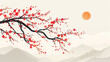 Red flowers on a branch in autumn on a light background. Traditional Chinese painting. Banner