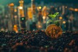 A single Bitcoin coin with a small green plant sprouting from the top, juxtaposed against a blurry cityscape with lights, illustrating the urban investment in cryptocurrency.