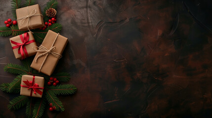 Wall Mural - xmas gift boxes, presents with a red ribbons and pine tree branches, top view on a brown background 
