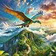 a picture of wonder and adventure as a massive flying dinosaur dominates the skies, its powerful wings carrying it effortlessly through the clouds, while below, onlookers gaze in awe at the sig