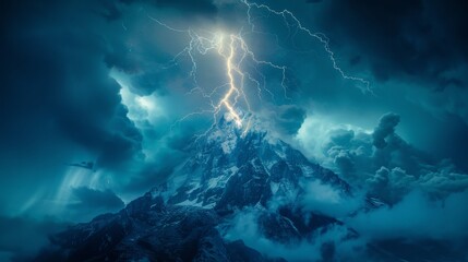  Nature Power: A photo of a lightning bolt illuminating the sky above a rugged mountain peak