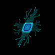 Artificial intelligence circuit line style. AI micro processor unit storage database. Smart network digital technology.