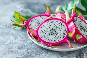 Wall Mural - Dragon fruit slice on plate with pitahaya background fresh tropical fruit in healthy concept