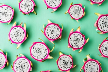 Canvas Print - Dragon fruit slices on green surface top view