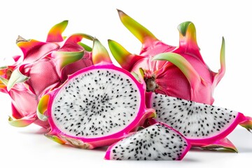 Sticker - Dragon fruits pitahaya on white background both cut and whole are delicious