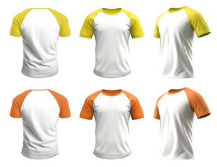 2 Set of men yellow orange mustard Raglan Sleeves white tee t shirt colour block round neck front, back and side view on transparent background cutout, PNG file. Mockup template for artwork design