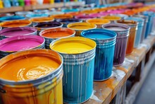 Rows Of Colorful Paint Cans Displayed On A Shelf, With Bright Hues And Dripping Paint Creating An Artistic Image