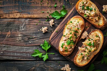 Canvas Print - Duck pate on wooden board with dark background Top view with copy space